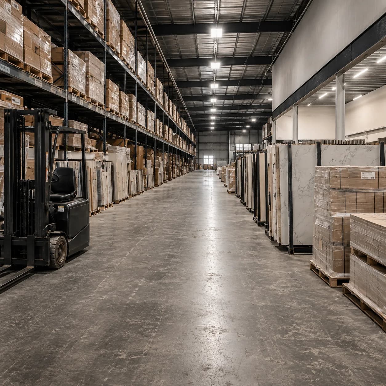Warehouse aisle with flooring and slab inventory at Archerfield