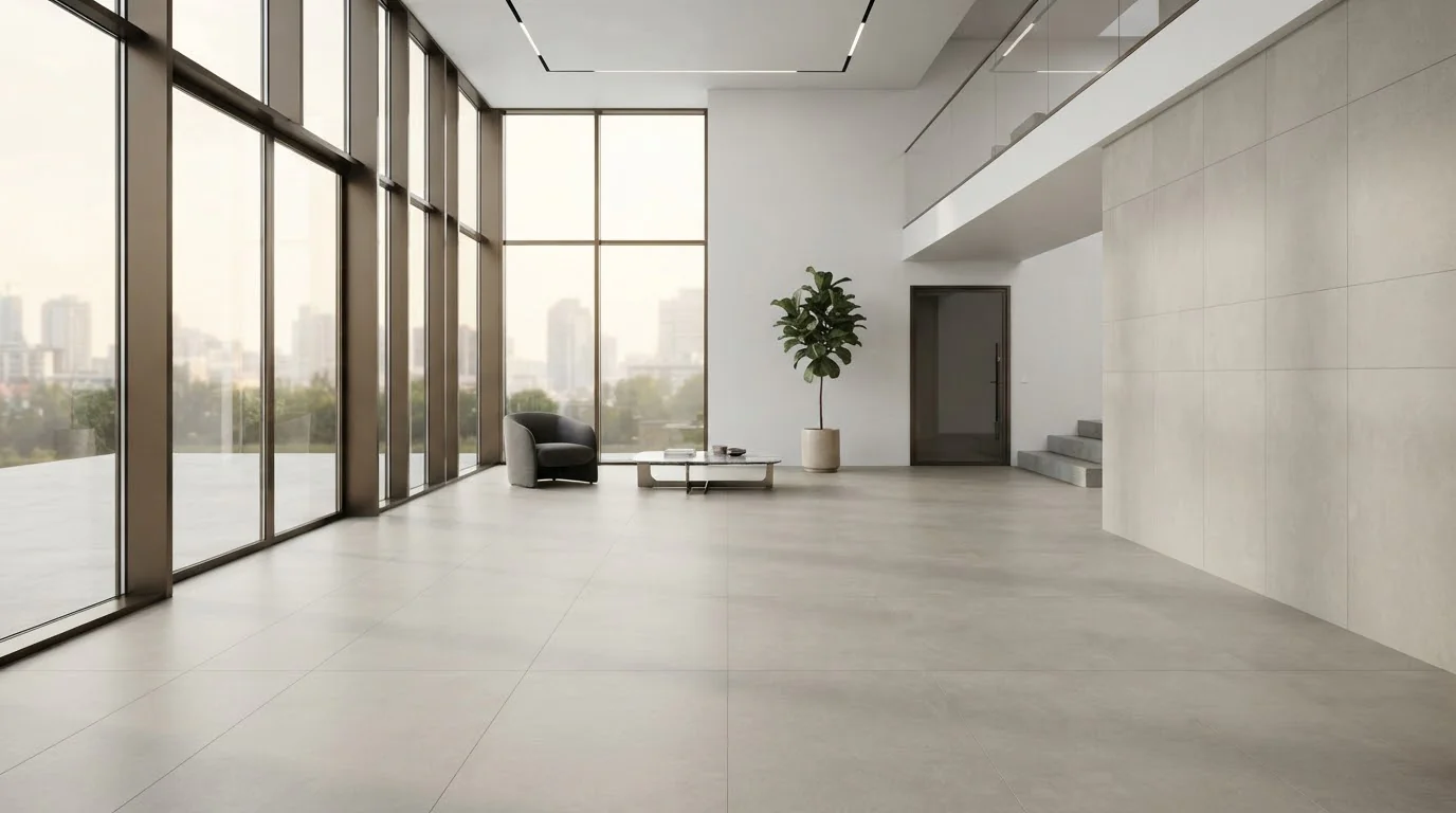 A high-end contemporary architectural interior showcasing minimalist, large-format neutral floor and wall tiles.