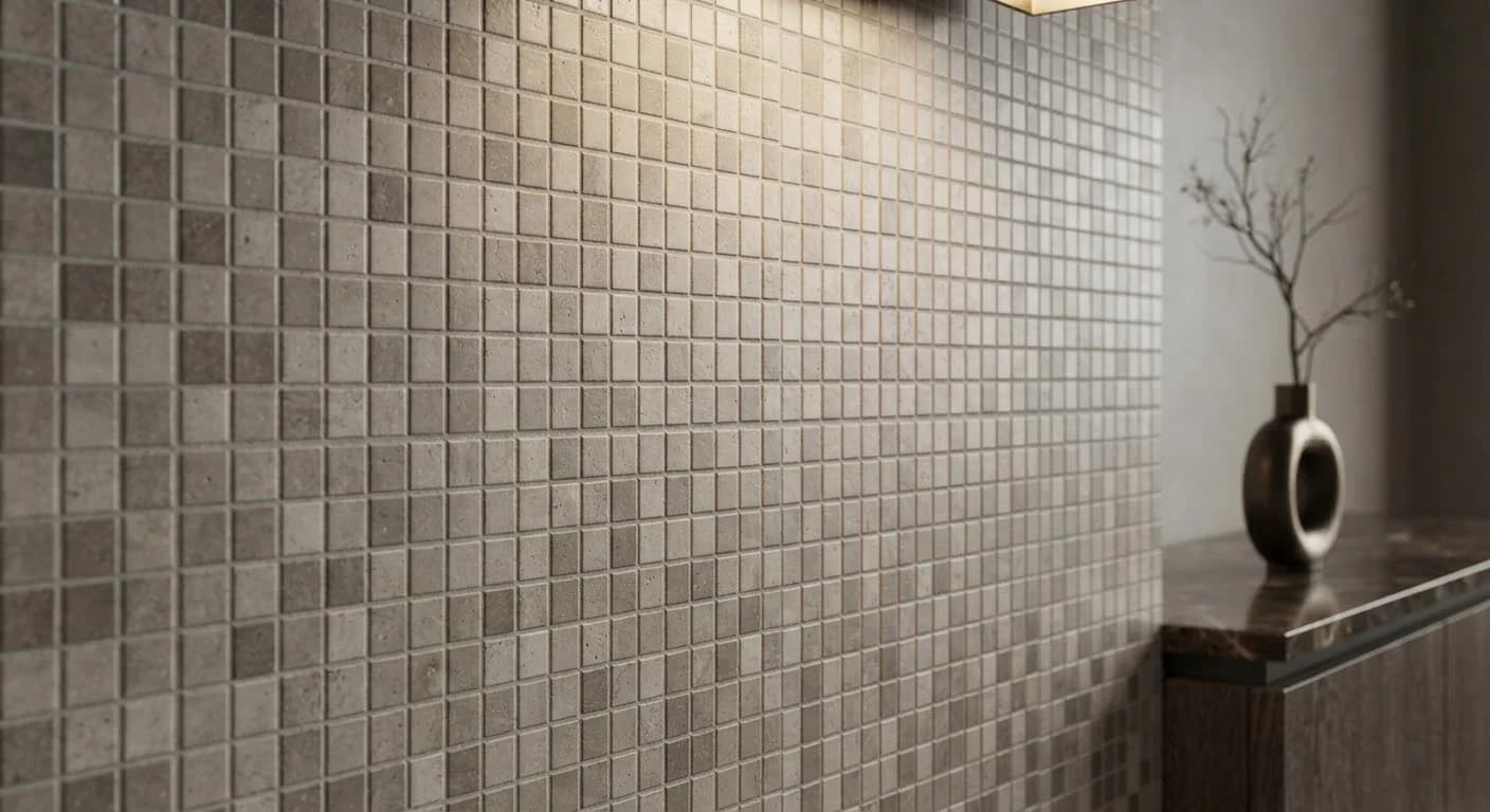 Neutral mosaic tiles applied to an architectural feature wall.