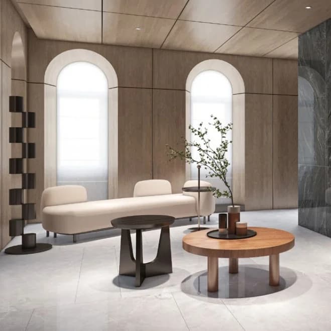 Large-format tile slabs in a contemporary commercial lobby.