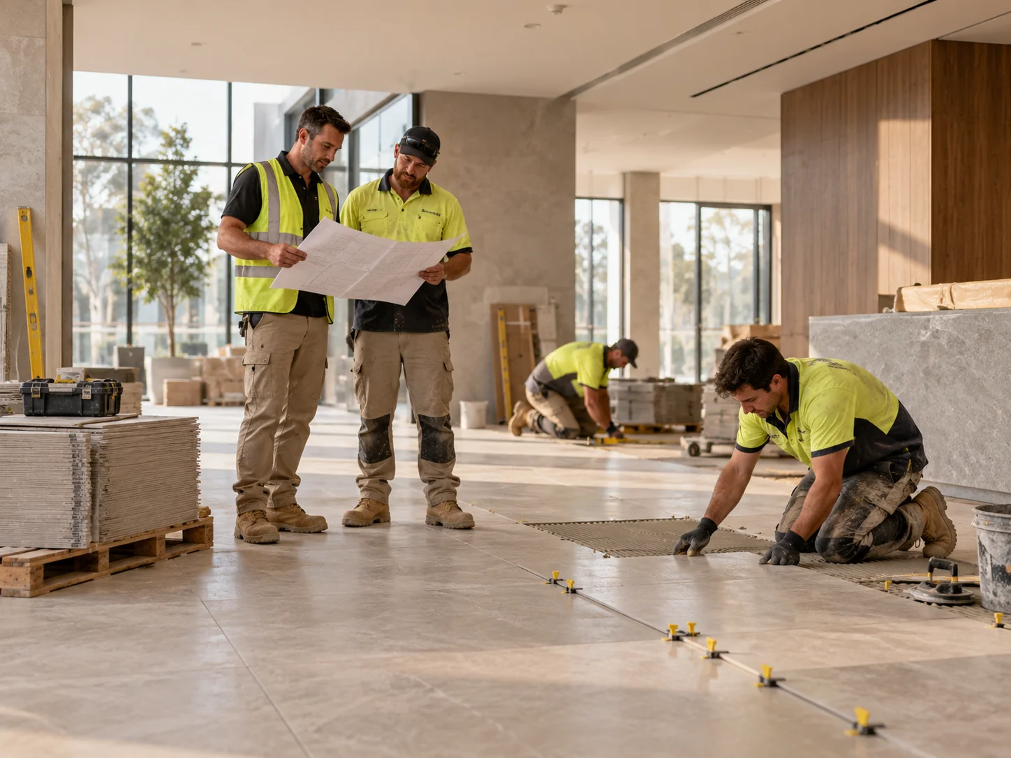 Golden Elite Group Construction team installing large format floor tiles