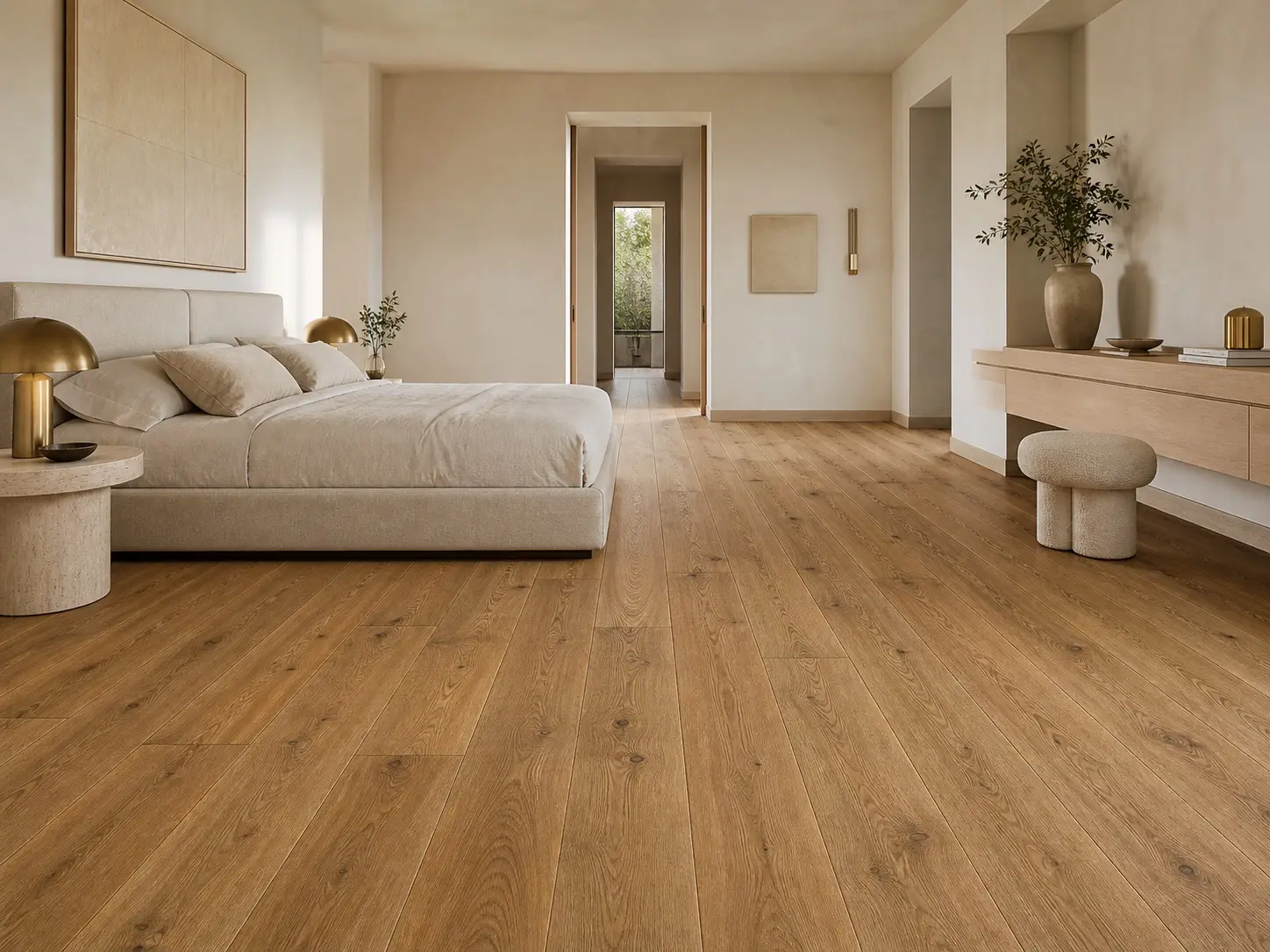 Completed bedroom with matching warm oak flooring installation