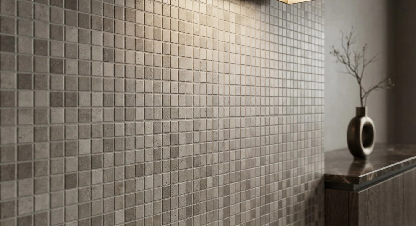 Neutral mosaic tiles applied to an architectural feature wall.